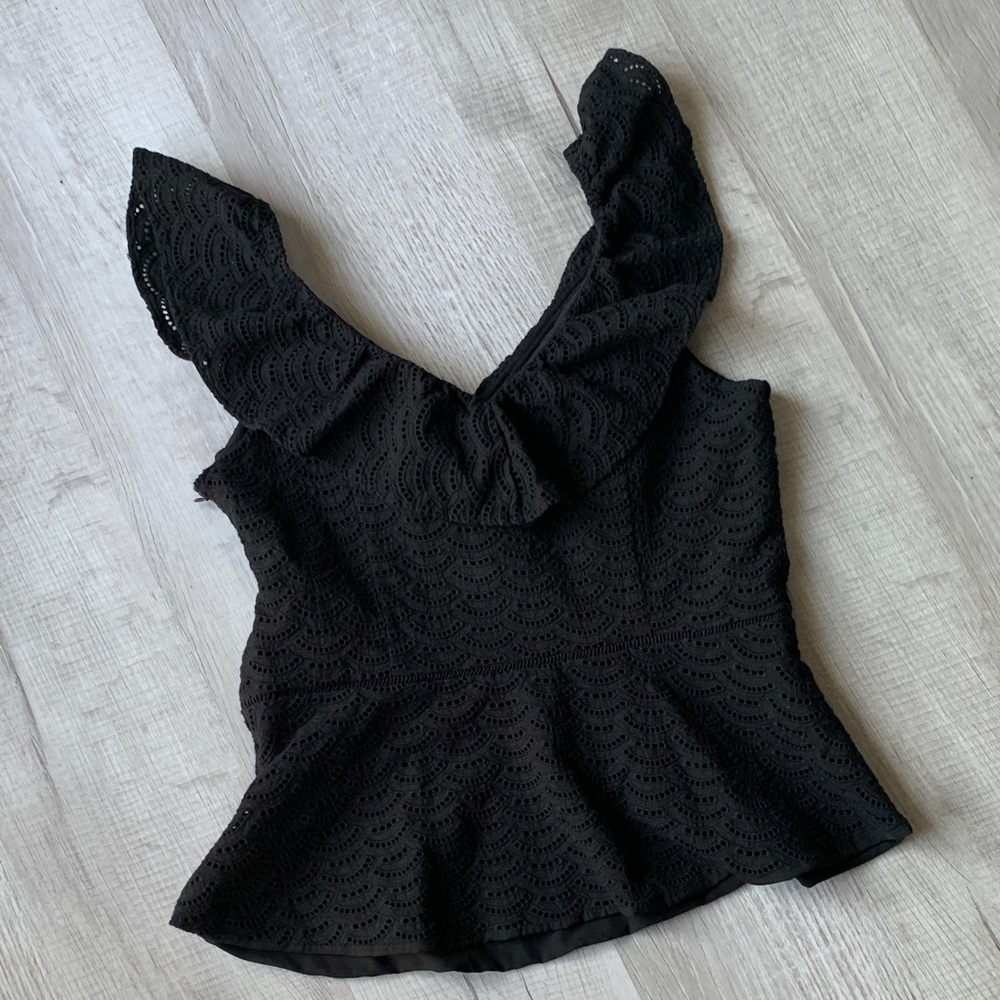 White House Black Market Black Eyelet Ruffle Peplum Top, size 12. - Picture 11 of 11